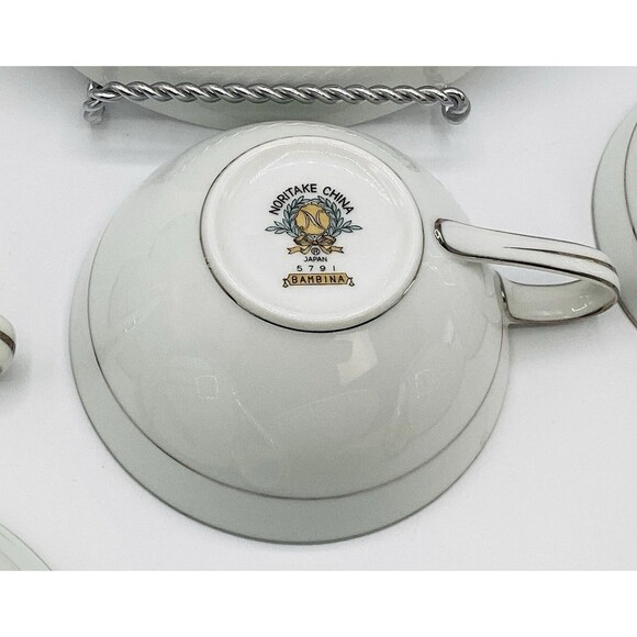 Noritake Bambina Bamboo Silver Edged 3 Cups, 1 Saucer, Sugar & Creamer 7 Pieces - Picture 2 of 3